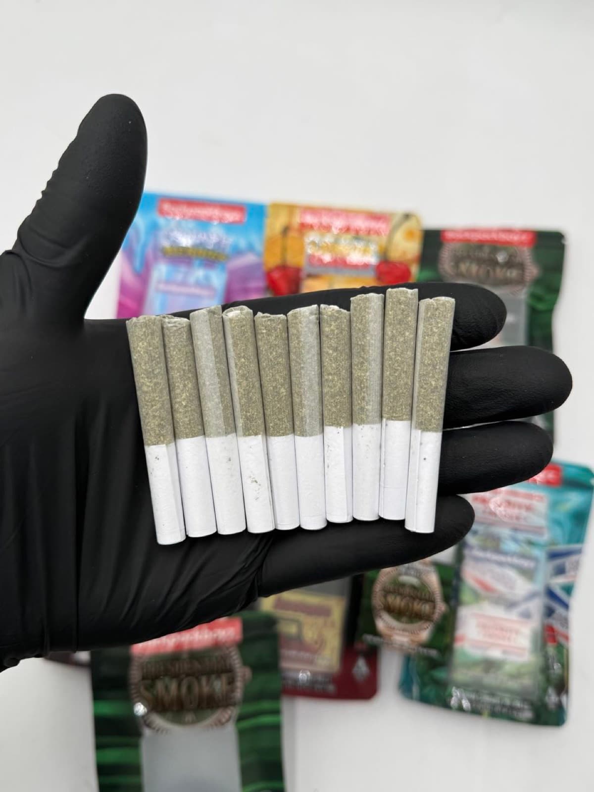 Ten Backpackboyz pre-rolls fanned across a gloved hand