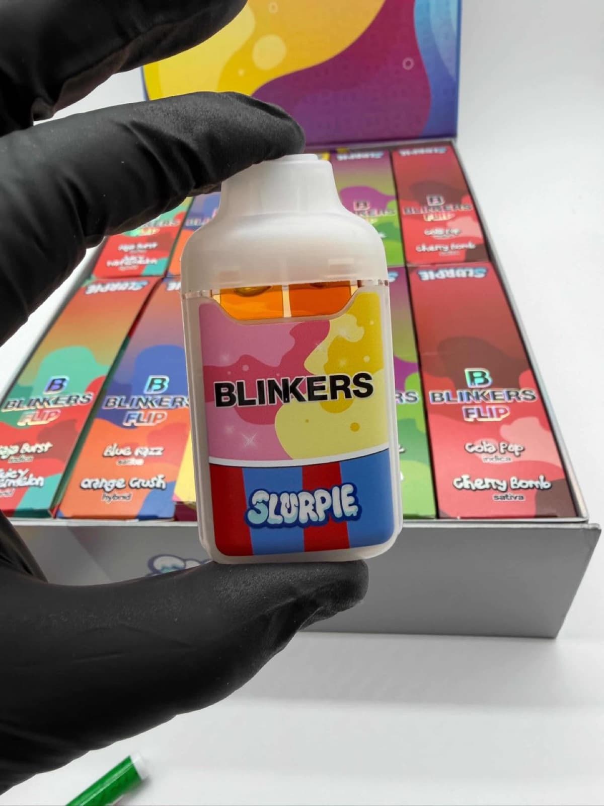 Blinkers Flip device held in front of open display