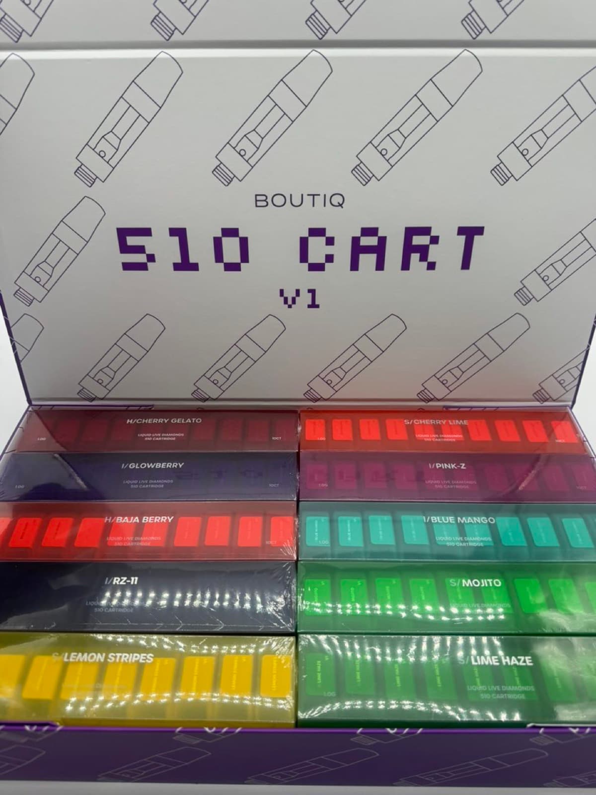 Boutiq display opened to color-coded cartridge sleeves