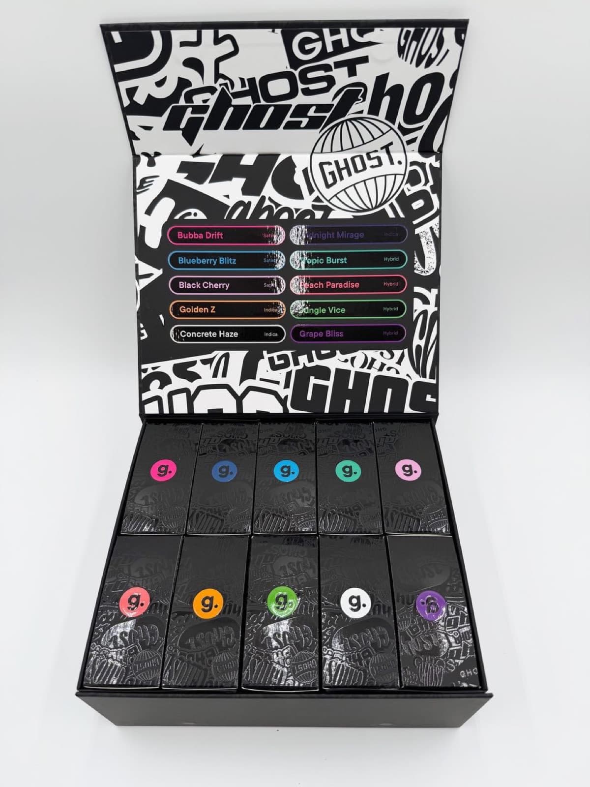 Ghost display box opened to ten flavors