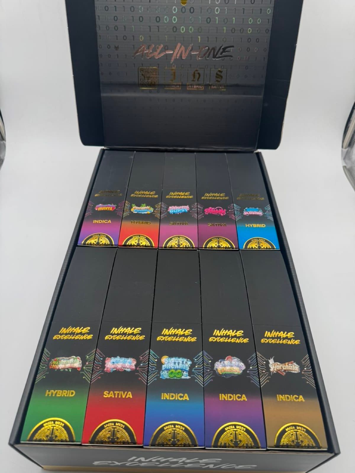 Muha Meds all-in-one display box opened to ten flavors